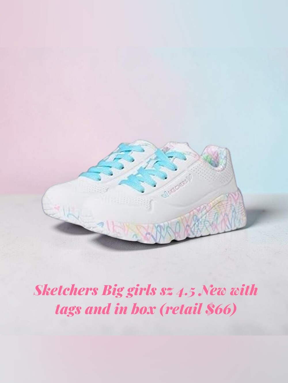 ❌Skechers White Sneakers with Aqua Laces and Pastel Multicolor Sole